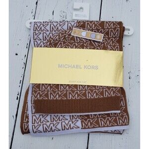 MICHAEL KORS Women's Camel Brown White Reversible Beanie Hat  Scarf 2 Pc Set NEW